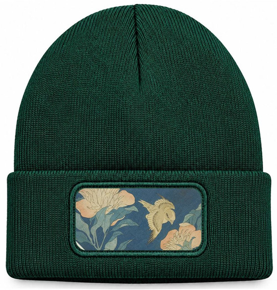 Czapka zimowa Kanarek i piwonia Katsushika Hokusai – zielona