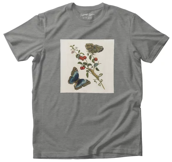 Koszulka z naszywką Great Blue Butterflies and Red Fruits Maria Sibylla Merian