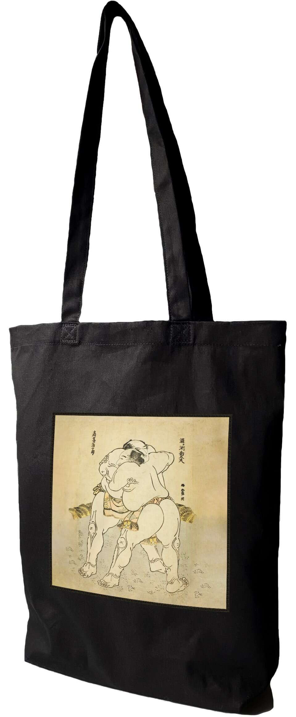 Torba z naszywką Zapaśnicy sumo Uzugafuchi Kandayu i Takasaki Ichijuro Katsushika Hokusai, Czarna