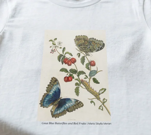 Koszulka z nadrukiem Great Blue Butterflies and Red Fruits Maria Sibylla Merian