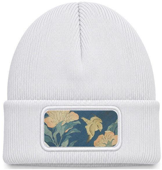 Czapka zimowa Kanarek i piwonia Katsushika Hokusai – biała