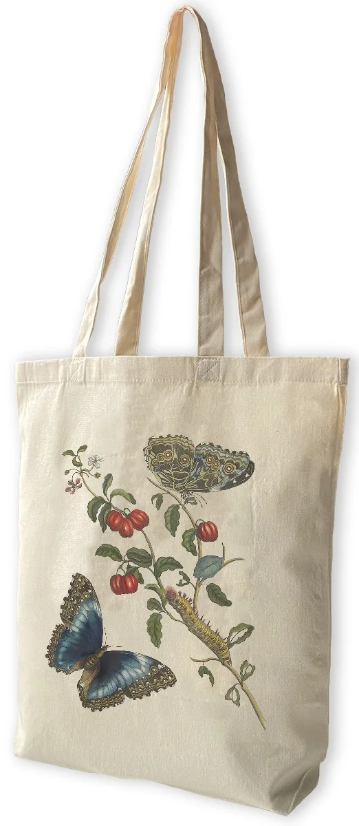 Torba bawełniana Great Blue Butterflies and Red Fruits Maria Sibylla Merian, Biała