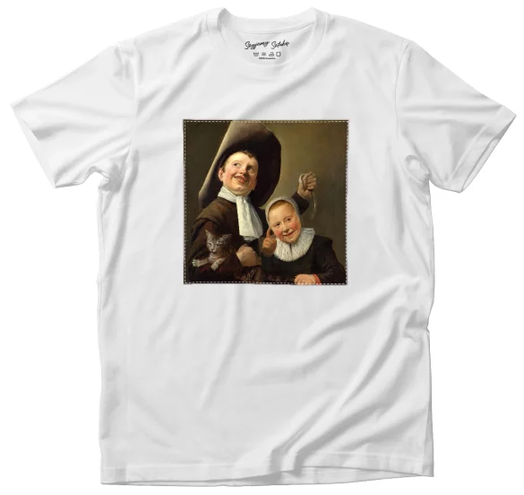 Koszulka z naszywką Chłopiec i dziewczynka z kotem i węgorzem Judith Leyster