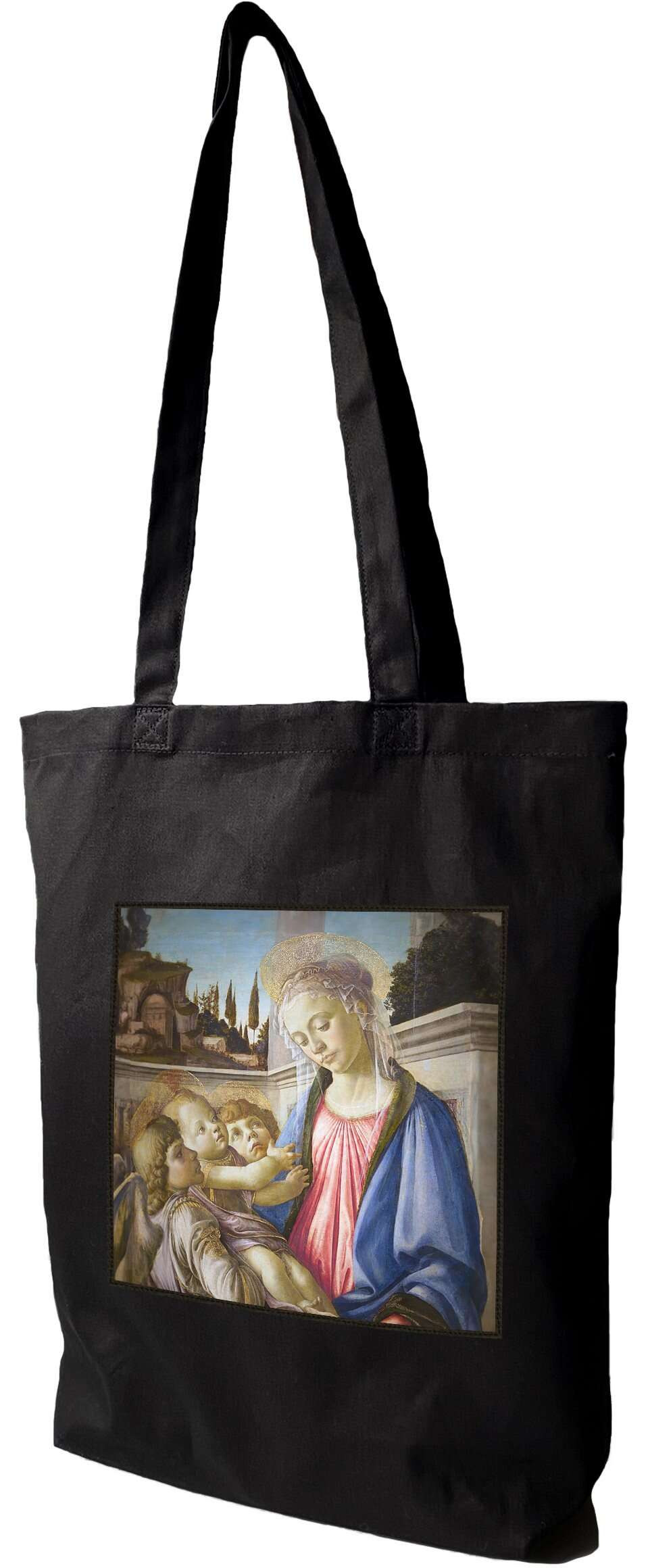 Torba z naszywką Madonna, dziecko i 2 anioły Sandro Botticelli, Czarna