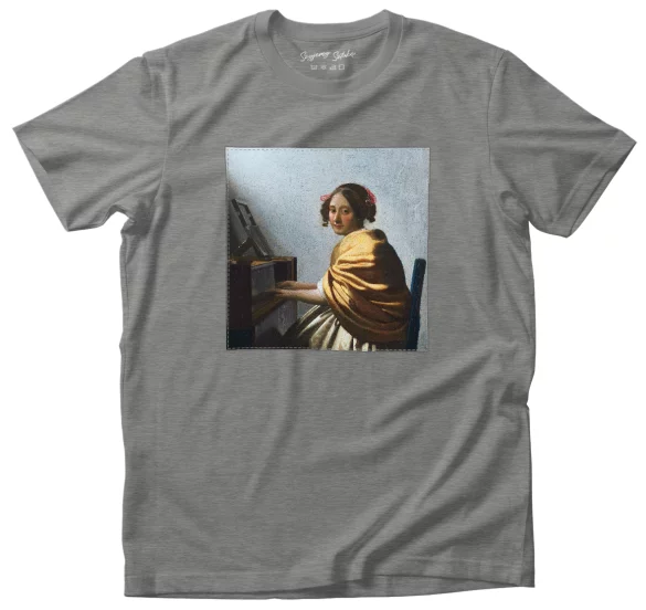 Koszulka z naszywką Młoda kobieta siedząca przy dziedzińcu Jan Vermeer