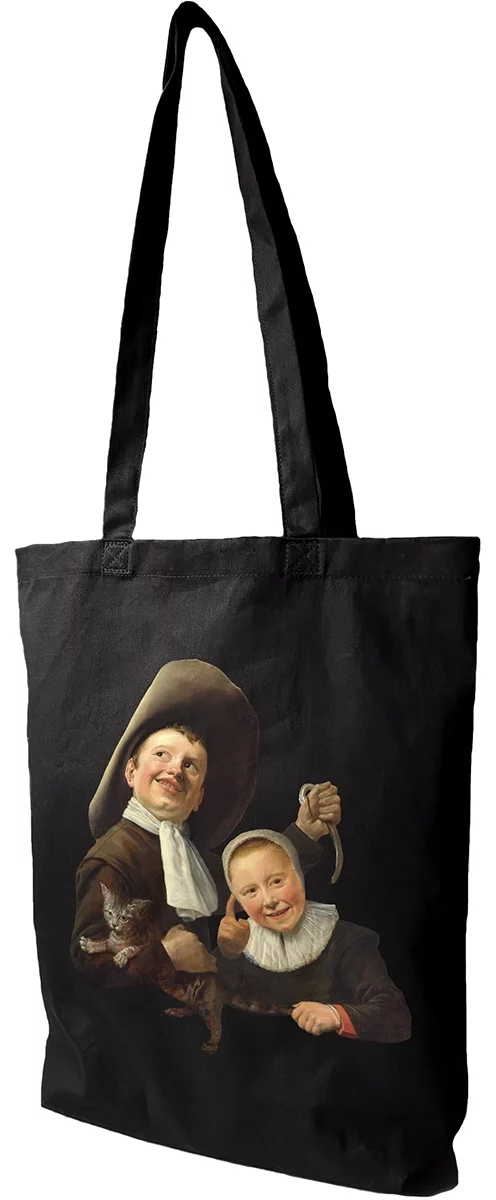 Torba bawełniana Chłopiec i dziewczynka z kotem i węgorzem Judith Leyster, Czarna