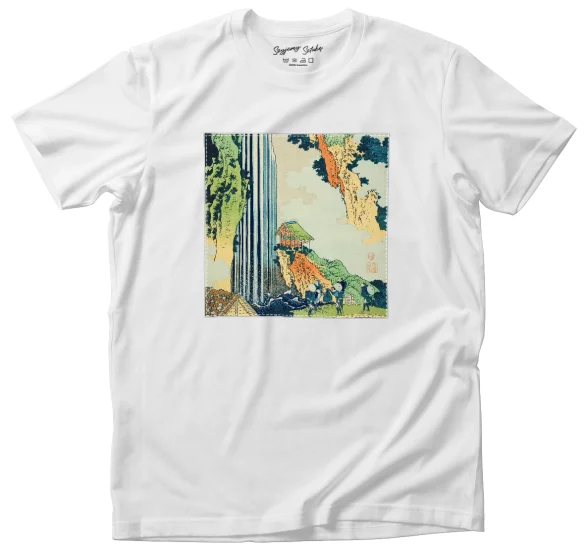 Koszulka z naszywką Wodospad Ono na drodze Kisokaidō Katsushika Hokusai