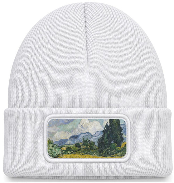 Czapka zimowa Pole pszenicy z cyprysami Vincent Van Gogh – biała