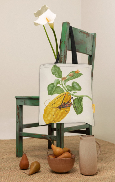 Torba na ramię Cytryna z gąsienicą małpy i chrząszczem harlekin Maria Sibylla Merian