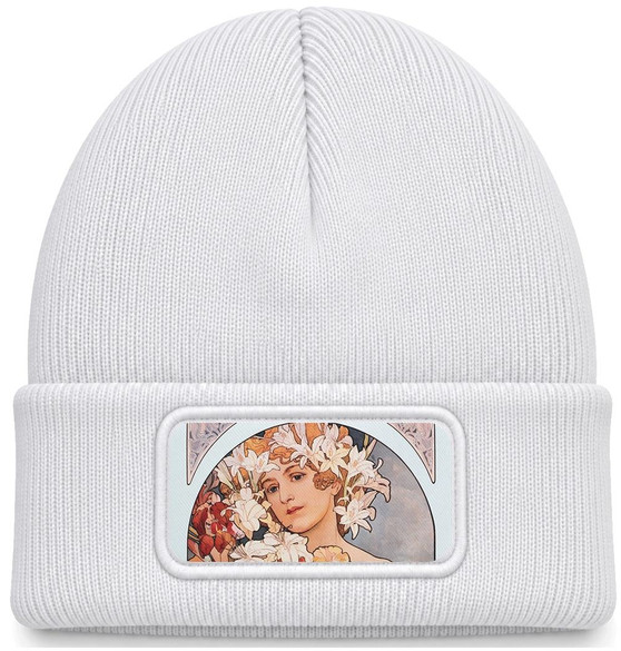 Czapka zimowa Kwiat Alfons Mucha – biała