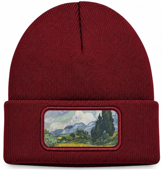Czapka zimowa Pole pszenicy z cyprysami Vincent Van Gogh – bordowa