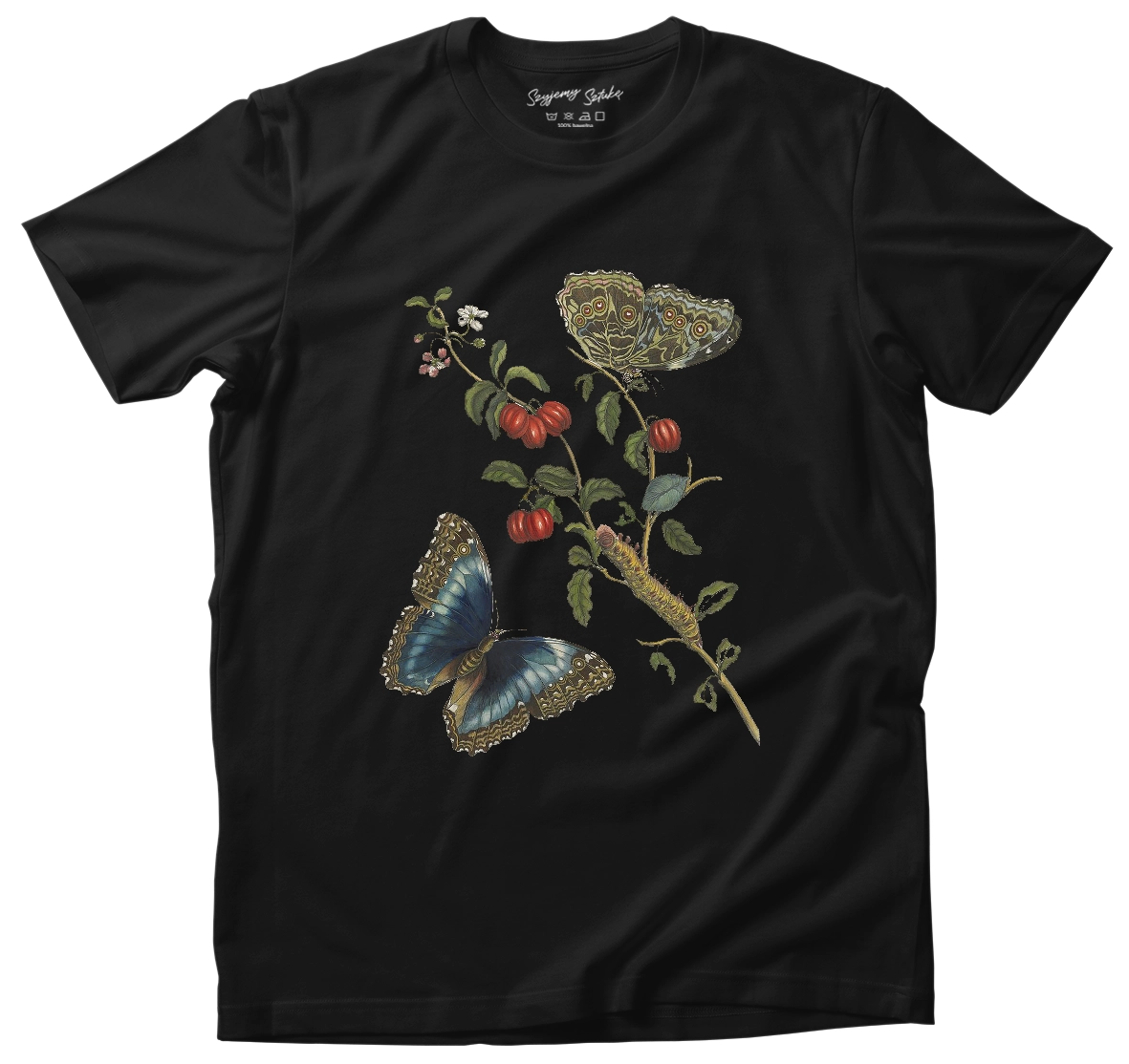 Koszulka Great Blue Butterflies and Red Fruits Maria Sibylla Merian– koszulka z nadrukiem obrazu, t-shirt ze sztuką
