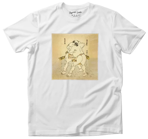 Koszulka z naszywką Zapaśnicy sumo Uzugafuchi Kandayu i Takasaki Ichijuro Katsushika Hokusai