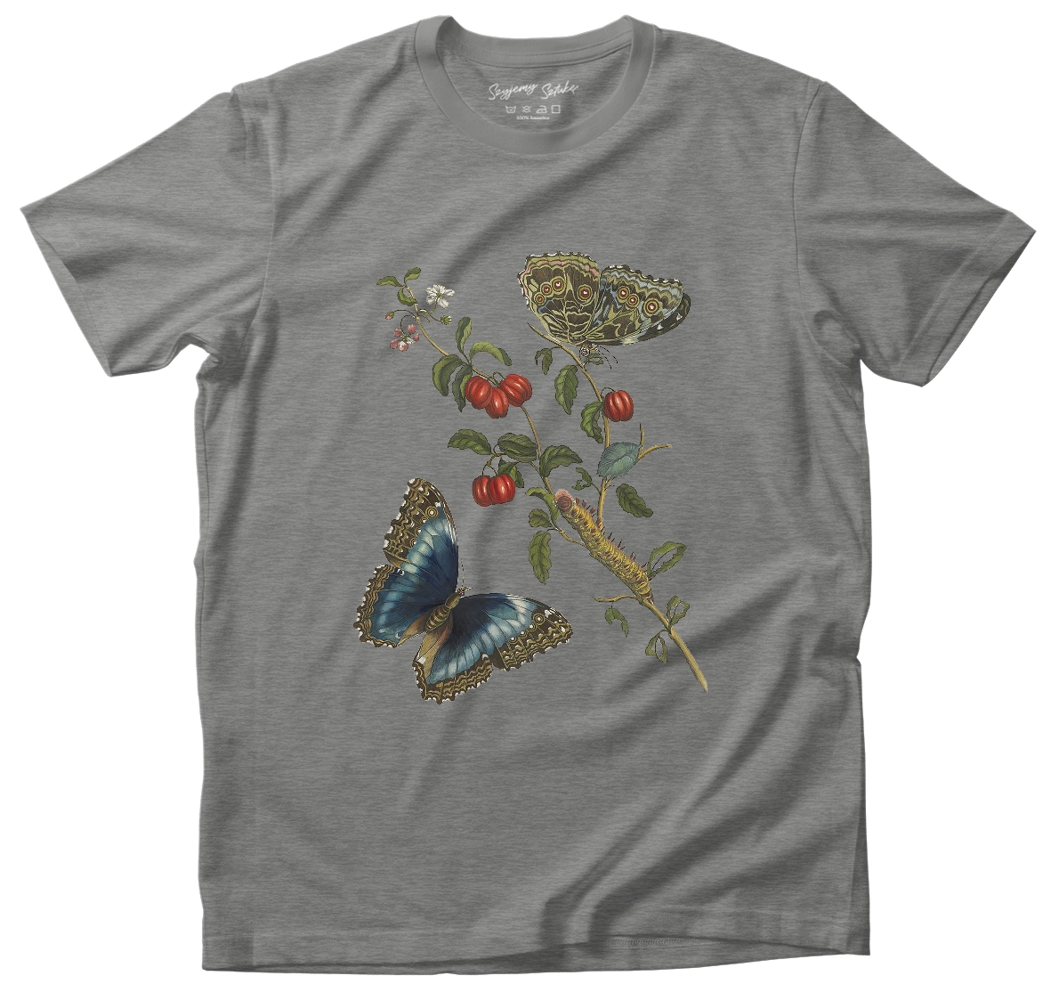 Koszulka Great Blue Butterflies and Red Fruits Maria Sibylla Merian– koszulka z nadrukiem obrazu, t-shirt ze sztuką