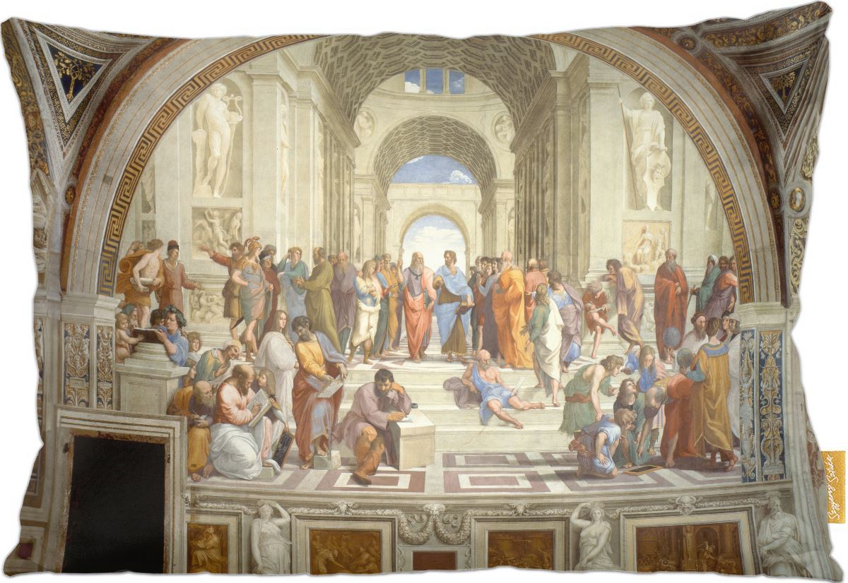 Poduszka dekoracyjna na prezent z obrazem Szkoła Ateńska Rafael Santi Szyjemy Sztukę