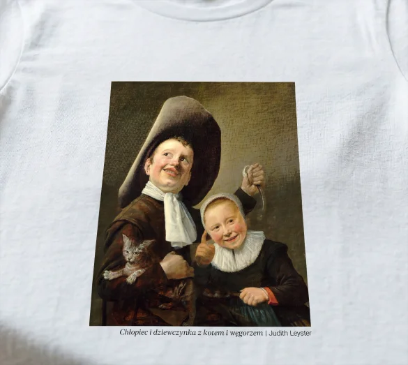 Koszulka z nadrukiem Chłopiec i dziewczynka z kotem i węgorzem Judith Leyster