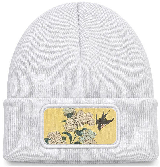 Czapka zimowa Hortensja i Jaskółka Katsushika Hokusai – biała