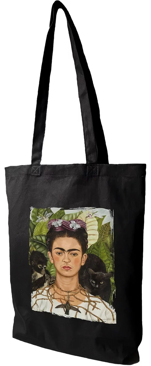 Torba bawełniana Autoportret z cierniowym naszyjnikiem i kolibrem Frida Kahlo, Czarna