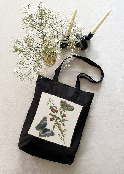 Torba z naszywką Great Blue Butterflies and Red Fruits Maria Sibylla Merian