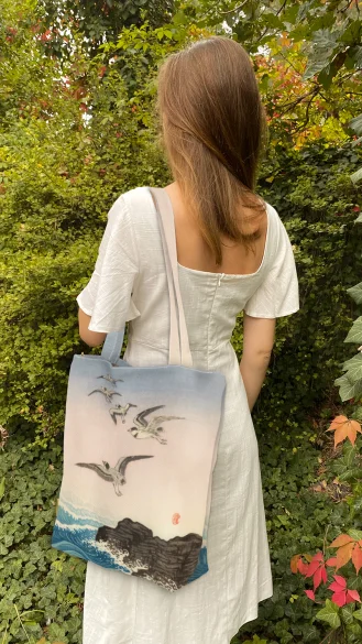 Torba na ramię shopper Pięć mew nad skałą w morzu Ohara Koson