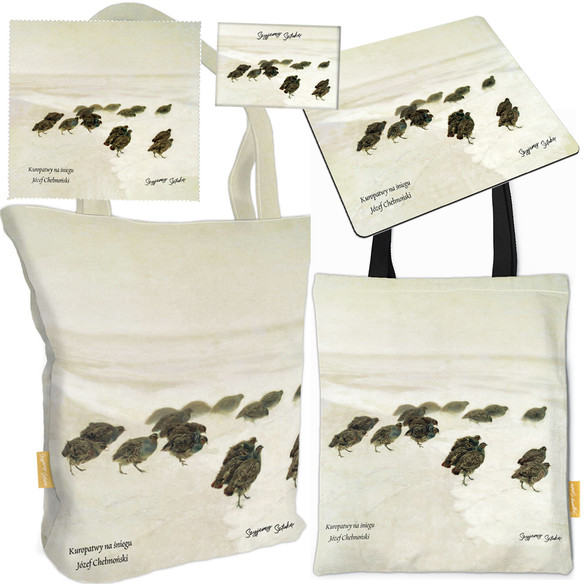 Zestaw prezentowy Szyjemy Sztukę shopper + torba + podkładka + magnes + ściereczka Kuropatwy na śniegu