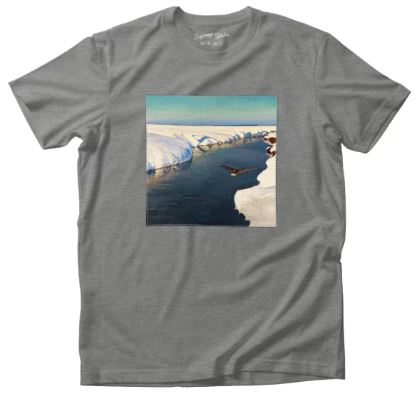 Koszulka z naszywką Pejzaż zimowy z rzeką i ptakiem Julian Fałat