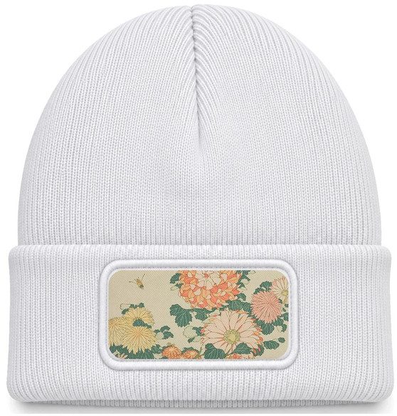 Czapka zimowa Chryzantemy i pszczoła Katsushika Hokusai – biała