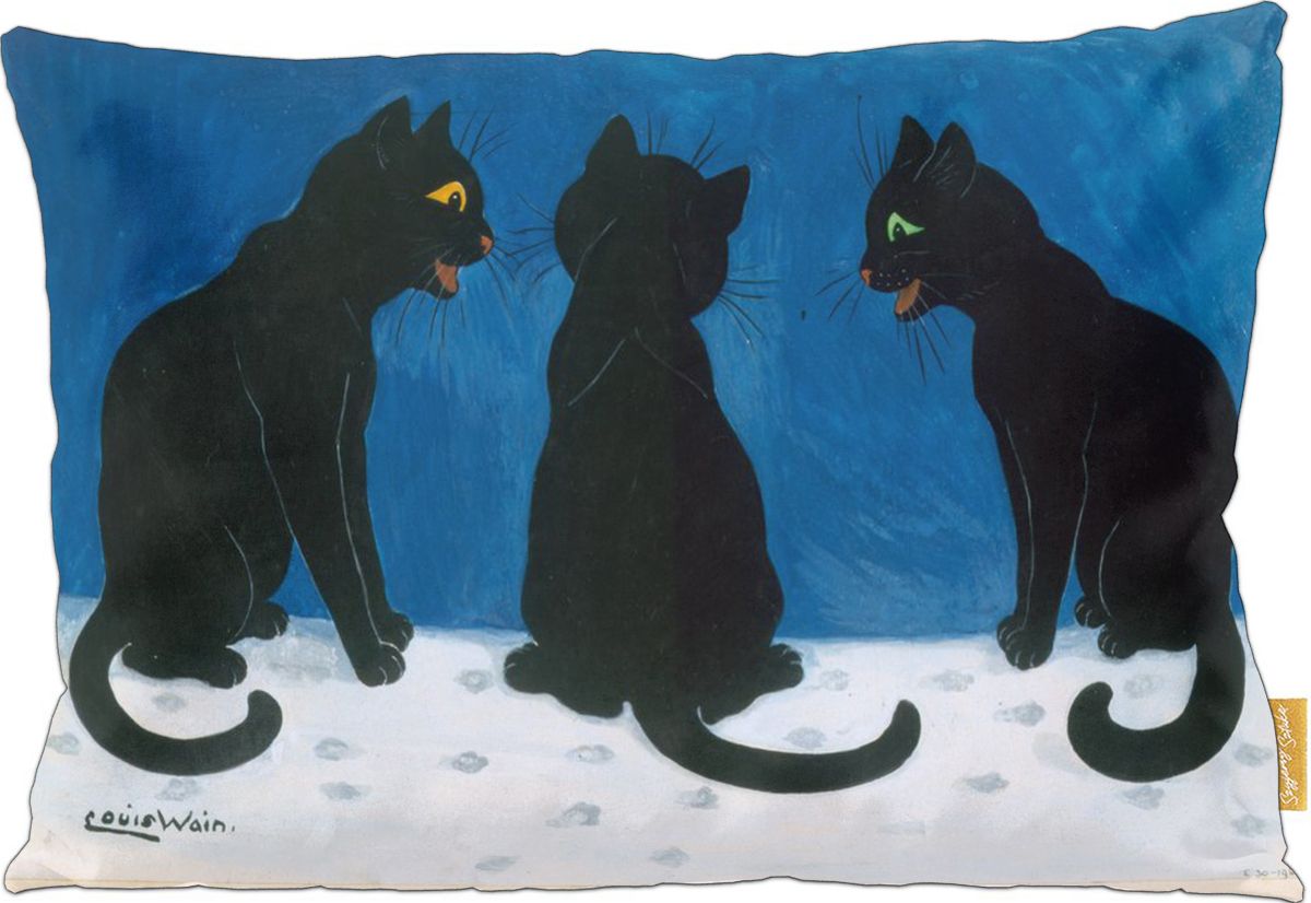 Poduszka dekoracyjna na prezent z obrazem Czarne koty na śniegu Louis Wain Szyjemy Sztukę