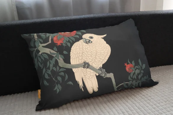 Poduszka Biała papuga i granat Ohara Koson