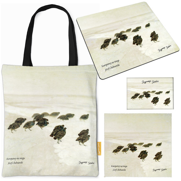 Zestaw prezentowy Szyjemy Sztukę torba + podkładka + magnes + ściereczka Kuropatwy na śniegu