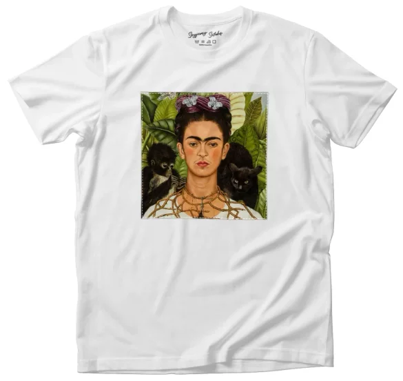 Koszulka z naszywką Autoportret z cierniowym naszyjnikiem i kolibrem Frida Kahlo