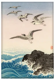 Magnes Pięć mew nad skałą w morzu Ohara Koson